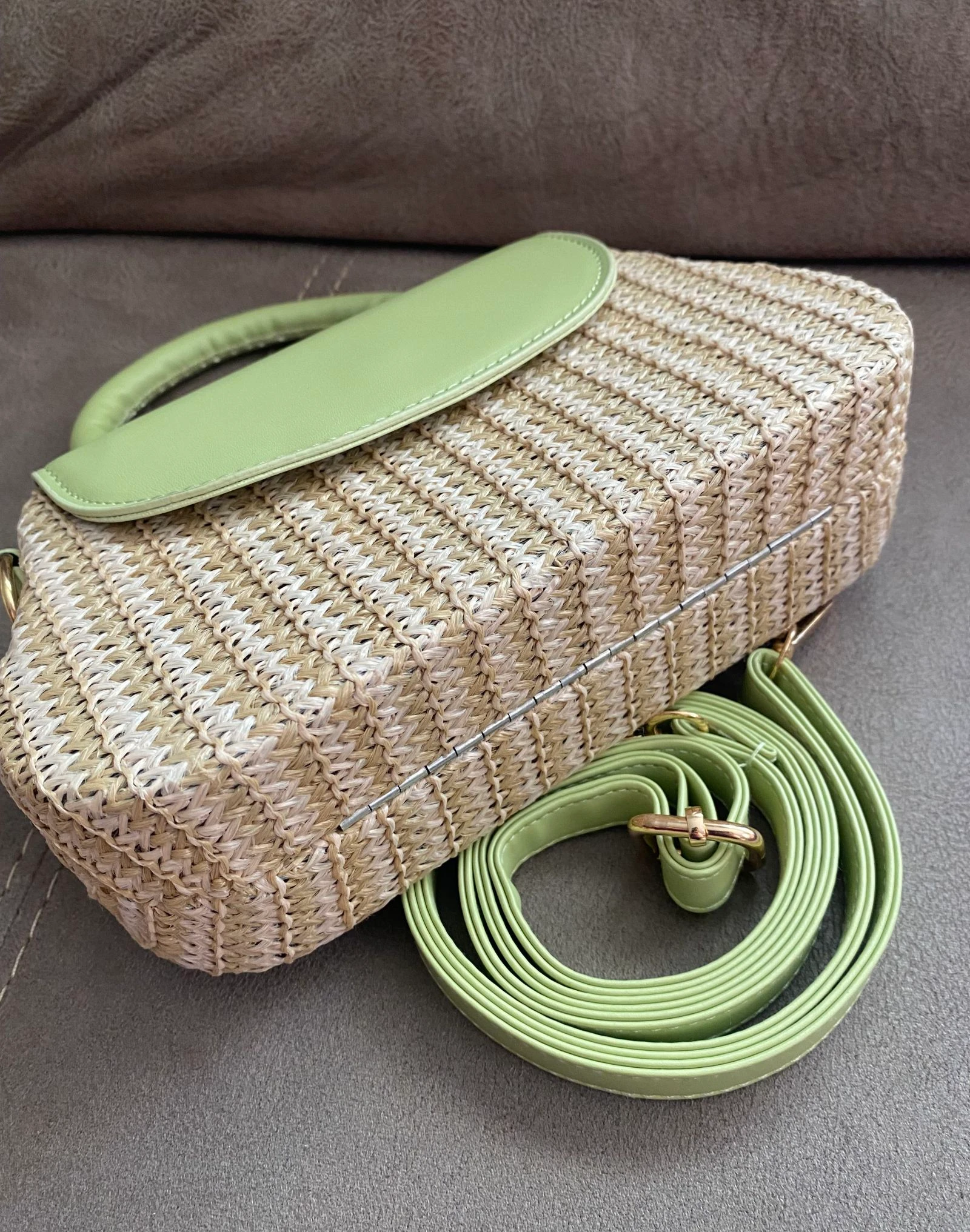 Pistachio Green Raffia and Faux Leather Trunk Bag – photo 4